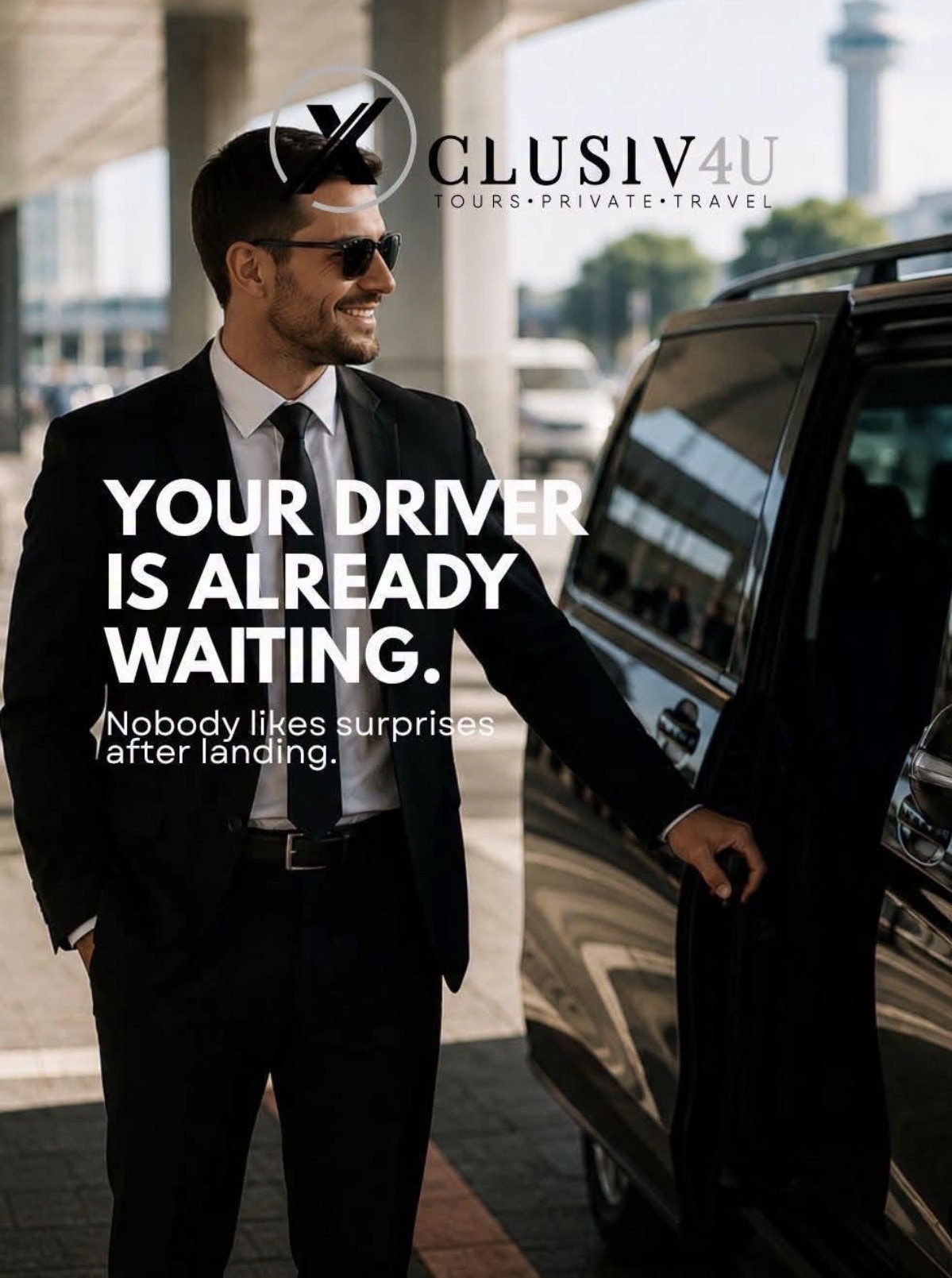 Professional XCLUSIV4U driver waiting at the vehicle